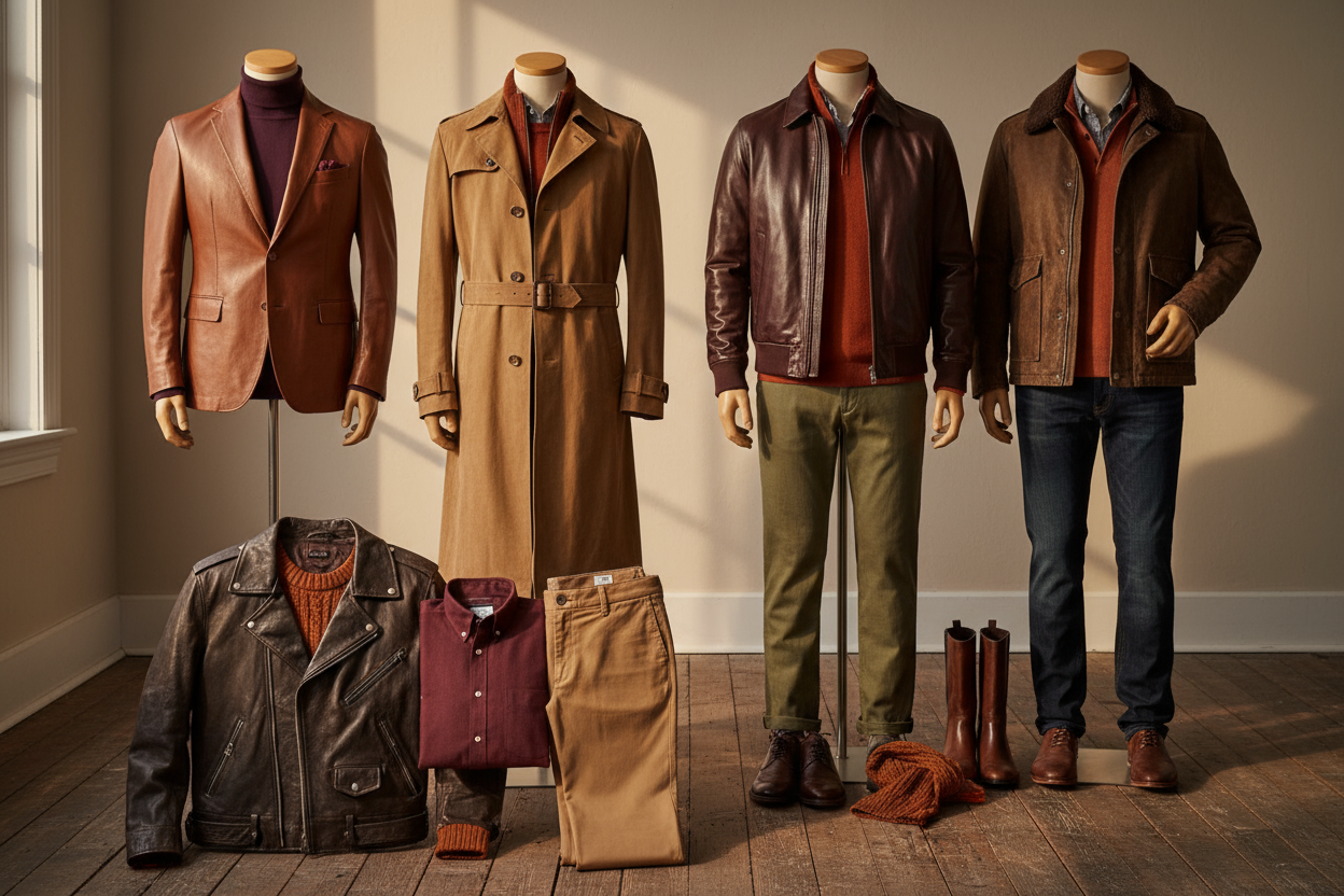 giubbini di pelle e abbigliamento maschile colori caldi